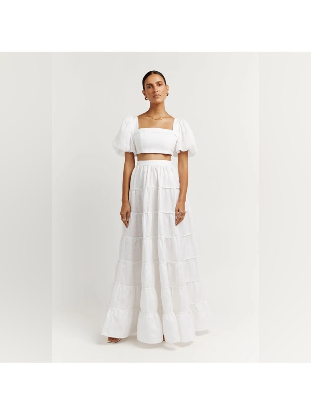 DISSH White Tiered Maxi Skirt with Crop Top Set